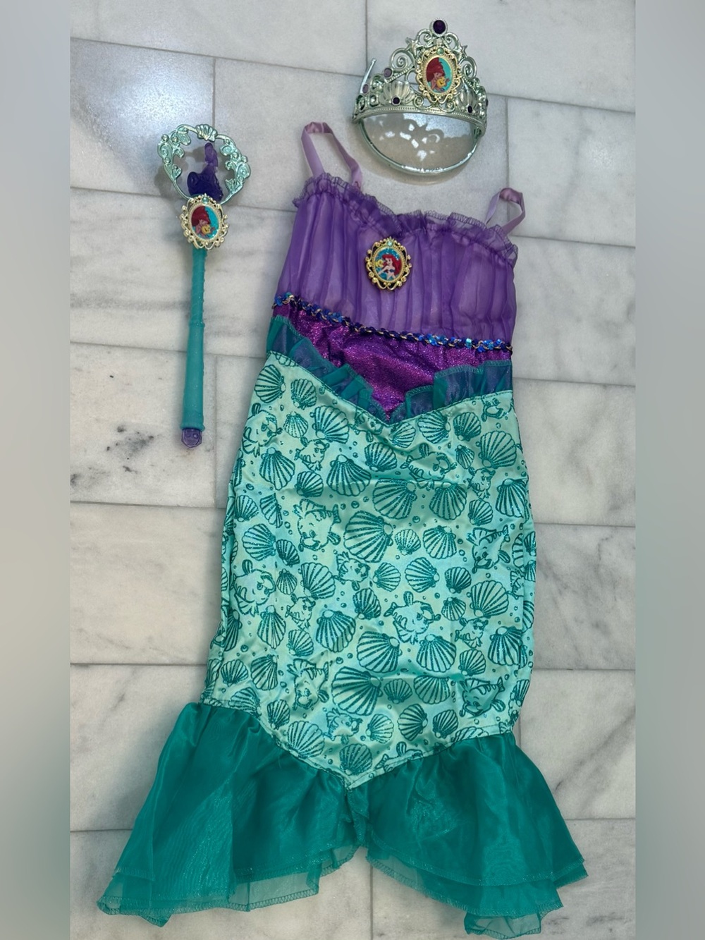 Disney Ariel Mermaid Dress Crown and Wand set. EUC.